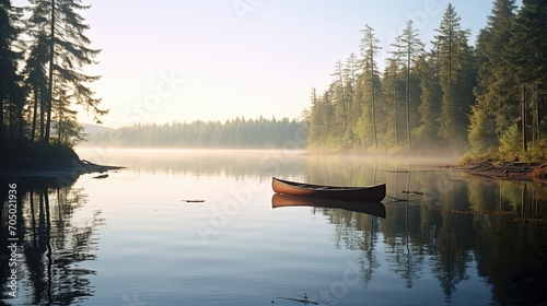 Early morning mist rises above a calm lake where a lone canoe floats, creating a scene of peace and stillness in the wilderness.  © logonv