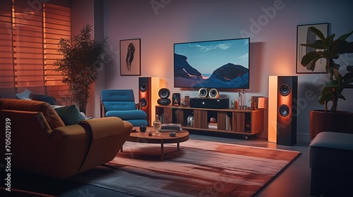 A cozy home entertainment setup with a large TV and high-fidelity speakers in a room enhanced by ambient lighting and stylish interior design. 