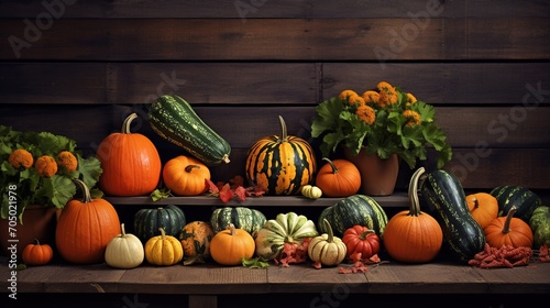 An assortment of pumpkins, squash, and marigold flowers arranged on wooden shelves, celebrating the autumn harvest.
