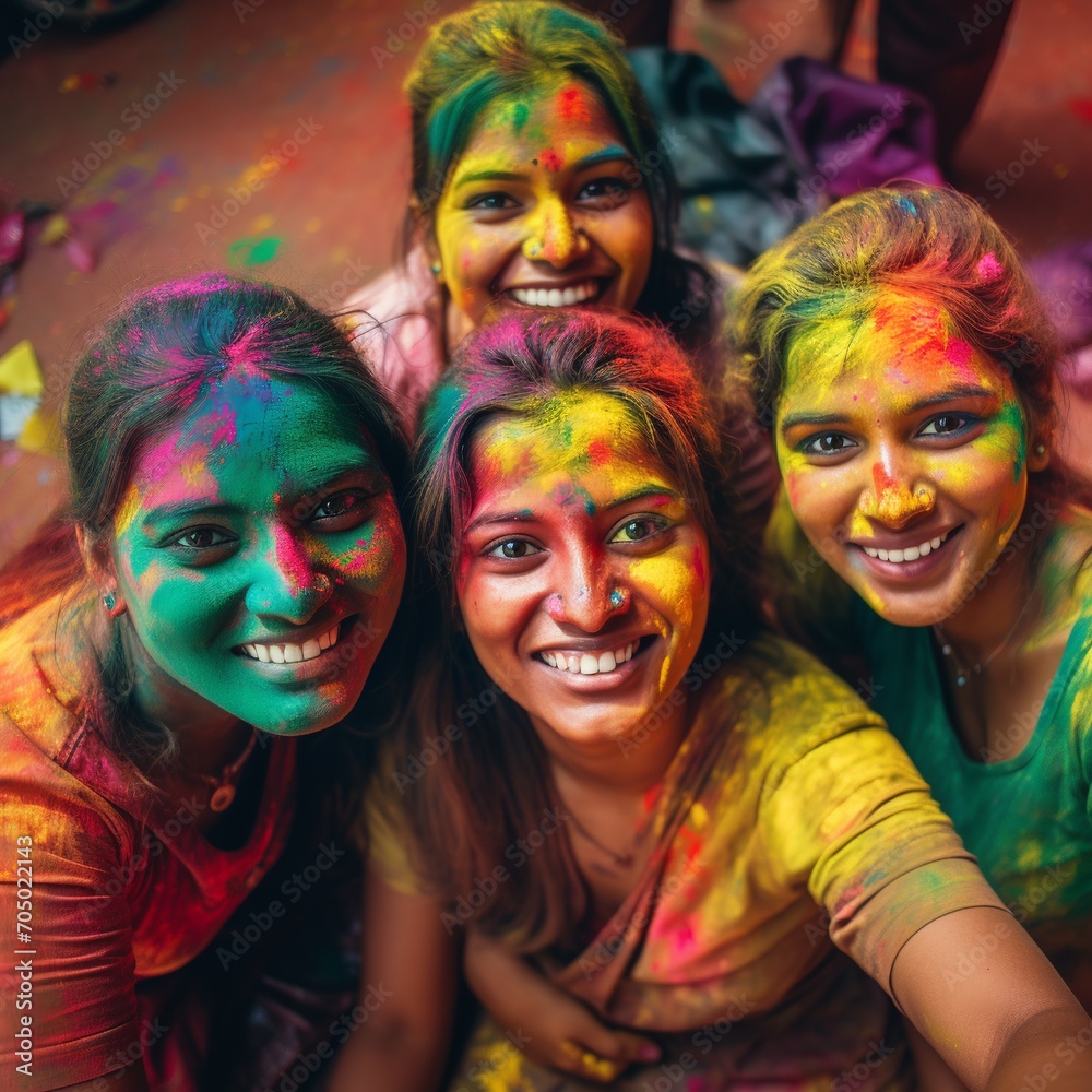 Obraz premium Group of happy Indian people celebrating Holi festival with face full of colors. 