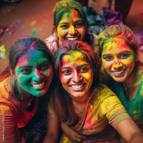Group of happy Indian people celebrating Holi festival with face full of colors. AI.