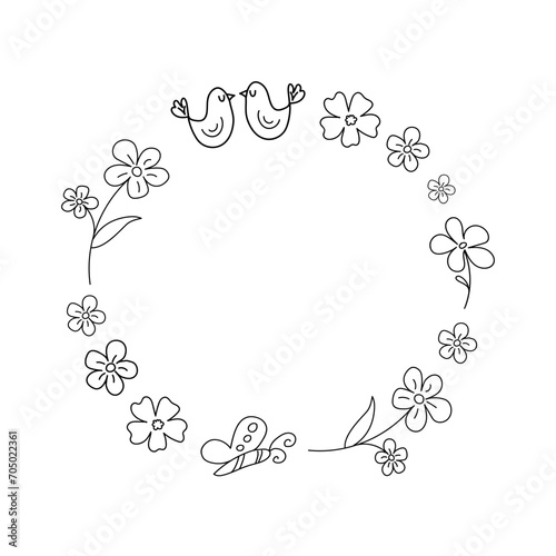Romantic doodle frame with flowers  birds and butterfly. Valentines day  wedding  romantic concept.