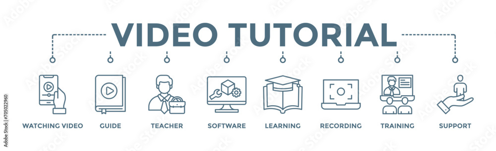 Video tutorial banner web icon vector illustration concept with icon of watching video, guide, teacher, software, learning, screen recording, online training, support - obrazy, fototapety, plakaty 