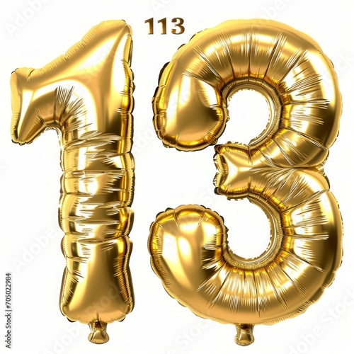 realistic isolated golden balloon number of 13 for invitation decoration on the transparent background.