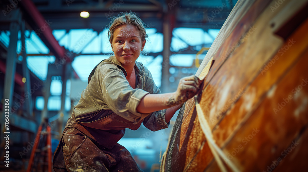 woman works on the hull of a ship. generated by ai