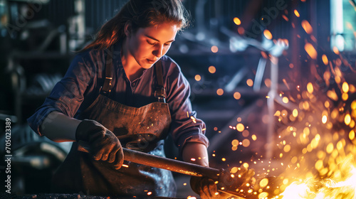 young woman blacksmith engaged in metalwork. generated with ai
