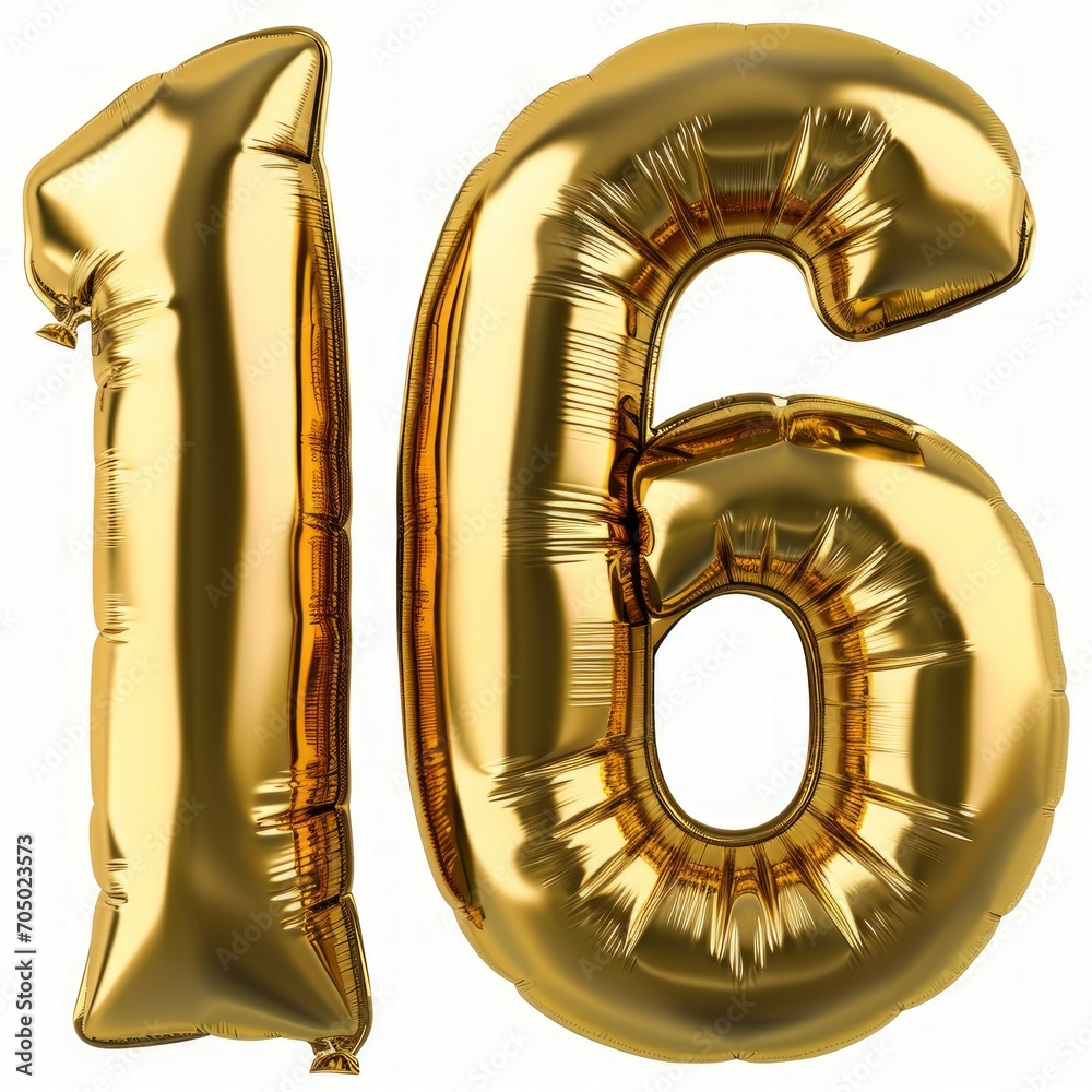 realistic isolated golden balloon number of 16 for invitation decoration on the transparent background.