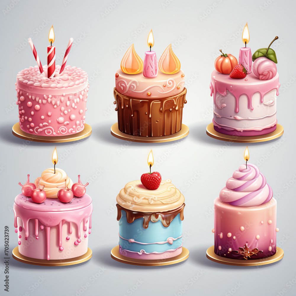 3D birthday cake with candles and decorations. Surprise party. Festive food. Pastel color. Cartoon creative design icons. 3D rendering 3D birthday cake with candles and decorations. Surprise party. Festive food. Pastel color. Cartoon creative design icons. 3D rendering