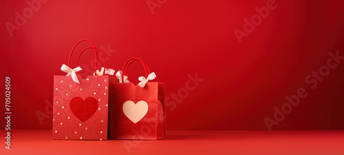 Red shopping bag with hearts on red background. Valentine's Day sale banner