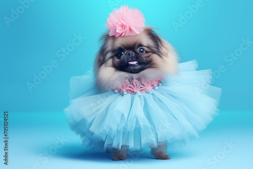 A playful Pekingese puppy dons glamorous high-end couture, standing out on a bright background. This creative animal concept is perfect for advertisements, birthday party invites, invitations, banners photo
