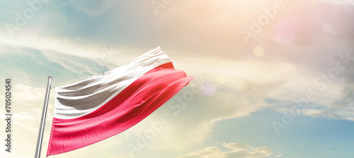 Poland national flag cloth fabric waving on the sky - Image
