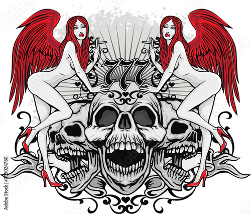 Gothic sign with skull and sexy girls, grunge vintage design t shirts