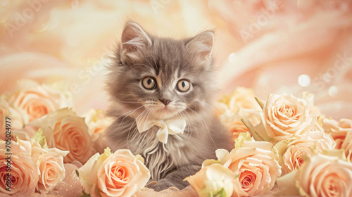 Post card of an Adorable Grey Kitten Amongst Peach Roses