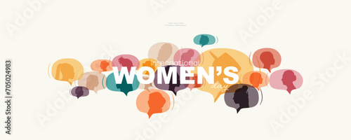 International Women's Day banner. Different women in chat bubbles.