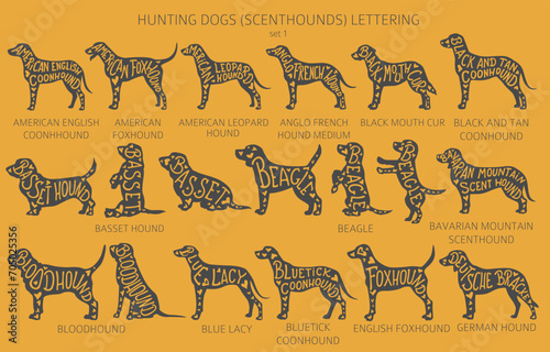 Dog breeds silhouettes with lettering, simple style clipart. Hunting dogs, scenthounds, hounds collection