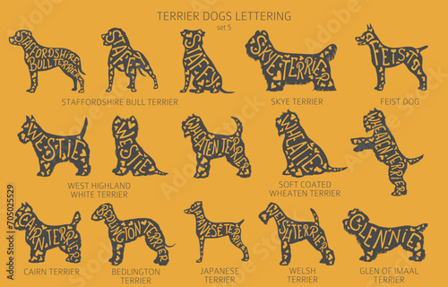 Dog breeds silhouettes with lettering, simple style clipart. Hunting dogs, Terrier dogs collection