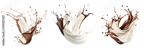 Splash of chocolate and white milk flow mixed slated on white background