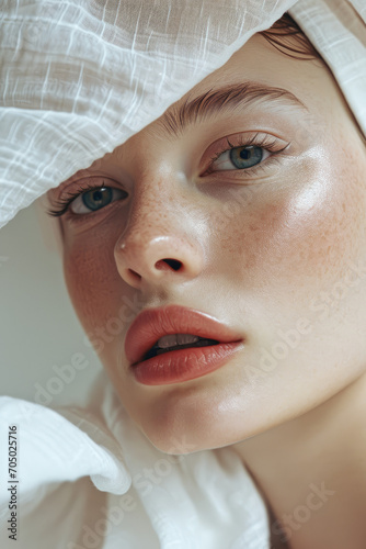 beauty scandinavian nordic pale young woman closeup with natural clean skin for skincare brand commercial serum treatment wellness spa commercial in magazine editorial look looking at camera