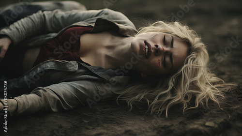 Attractive blonde haired woman lying on the ground apparently injured photo