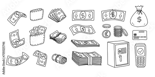 Money set doodle vector illustration. Falling and folded banknotes, credit card and coins. Hand drawn sketch style icons. Financial Literacy Month