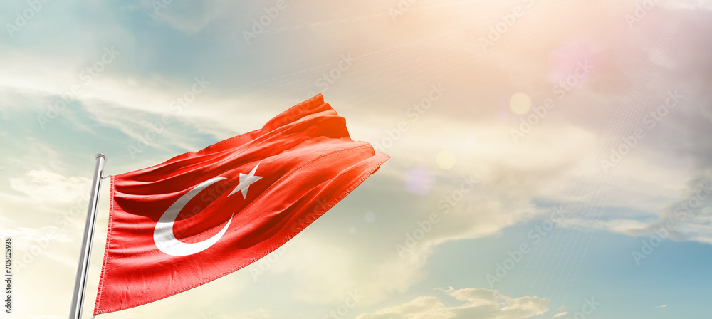 Turkiye national flag cloth fabric waving on the sky - Image - obrazy, fototapety, plakaty 