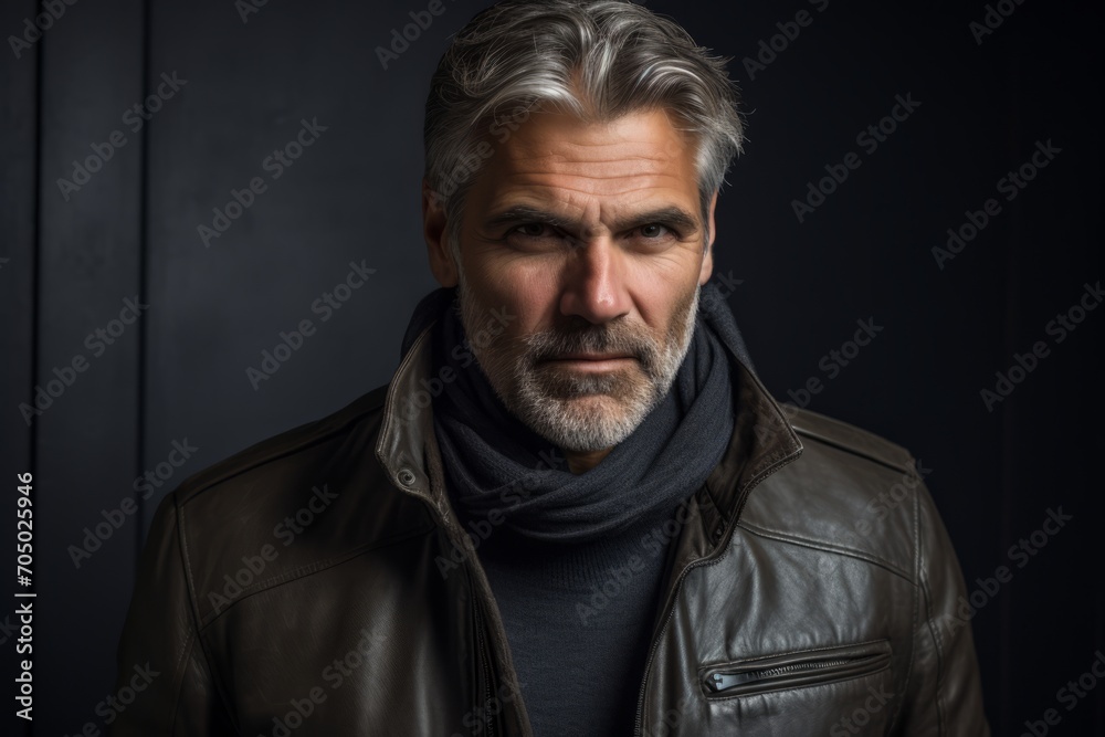 Portrait of a handsome mature man in a leather jacket. Men's beauty, fashion.