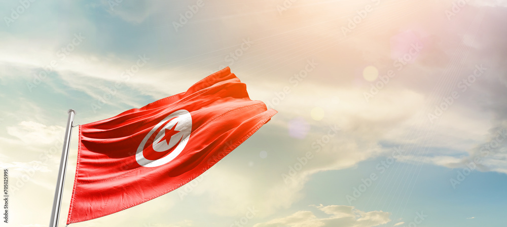 Tunisia national flag cloth fabric waving on the sky - Image