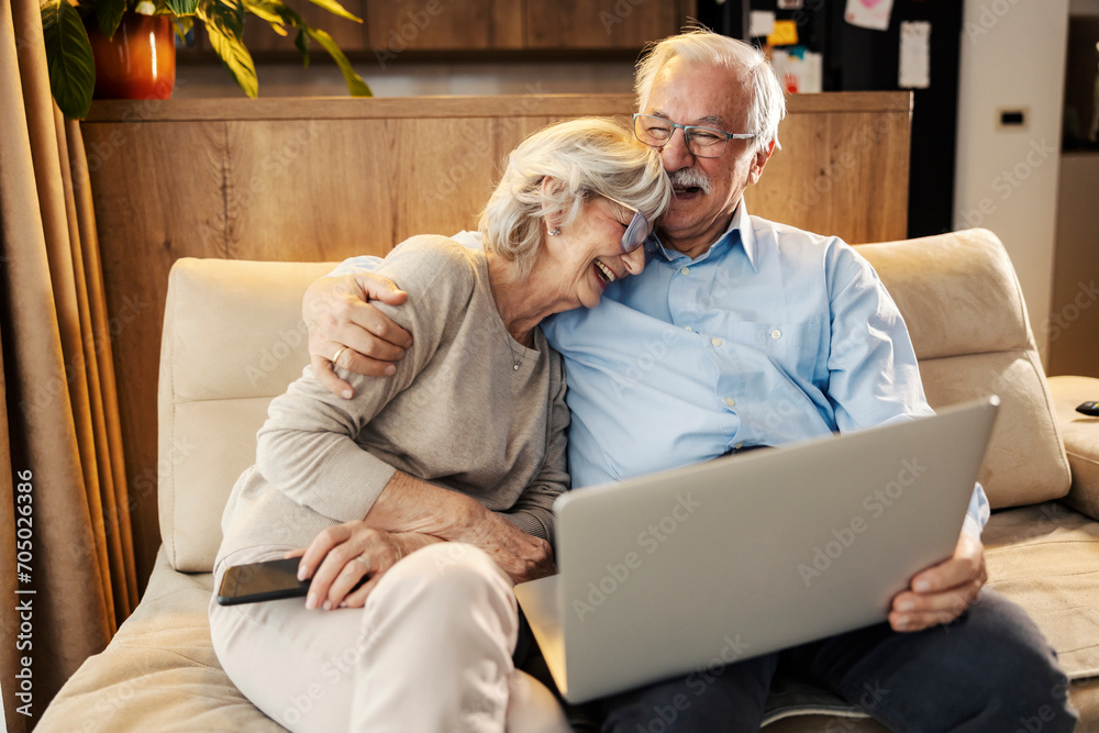 A happy senior couple is using technologies at home.