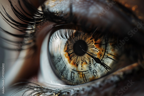 Closeup of a human eye with a clock dial reflecting in it
