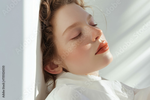 beauty scandinavian nordic pale young woman closeup with natural clean skin for skincare brand commercial serum treatment wellness spa commercial in magazine editorial look looking at camera