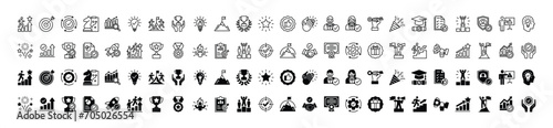 Success line and flat icons set. Successful business goal and target. Contains plan, process, strategy, idea, creative, teamwork, achievement, winner, award, leadership, solution. Vector illustration
