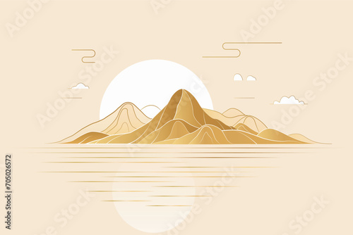 Minimalist lines new Chinese sunrise impression landscape vector illustration