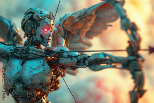 Robotic Romance: A glimpse into the future of love as a beautiful cyborg Cupid, holding a bow, shoots the arrow of passion and desire, blending futuristic allure with artificial intelligence.




 photo