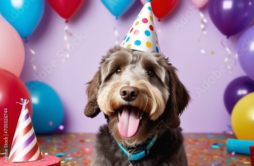 Happy cute labradoodle dog wearing a party hat celebrating at a birthday .Happy birthday dog.