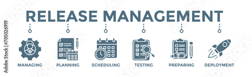 Release management banner web icon vector illustration concept with icon of managing, planning, scheduling, building, testing, preparing and deployment