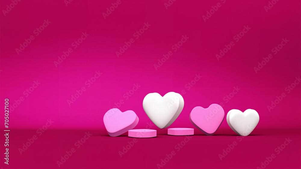 Minimalistic banner, vitamins pills hearts on pink isolated background. Healthcare banner, For Valentine day, banner, design, print, card, poster, flyer, advertising, wallpaper