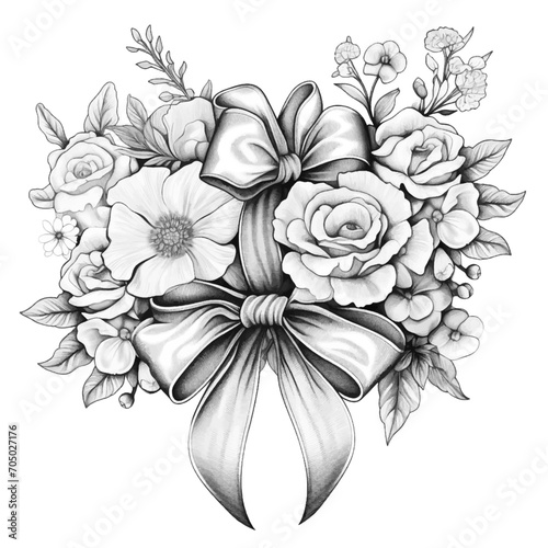 Beautiful flowers with ribbon. Black and white vector for card or gift, for coloring.