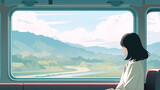 電車の窓から田舎の風景を眺める女性のイラスト