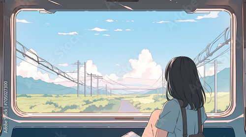 電車の窓から田舎の風景を眺める女性のイラスト