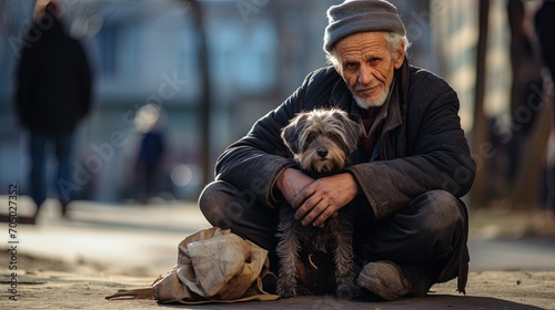 An elderly stray man sitting on the street with a photograph of his family photo