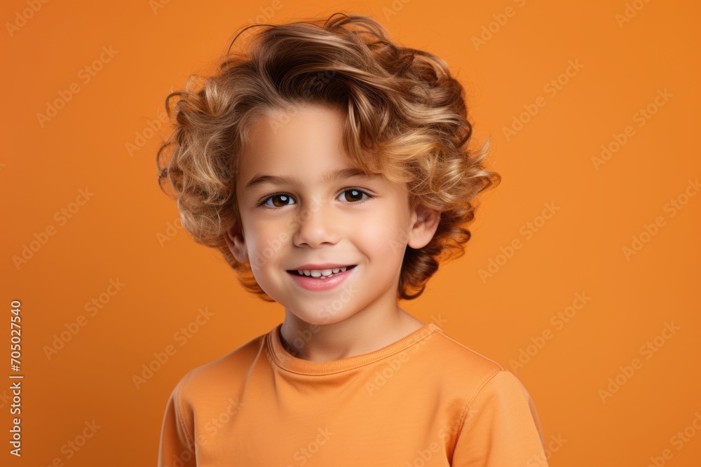 Portrait of a smiling little boy with curly hair on orange background Portrait of a smiling little boy with curly hair on orange background