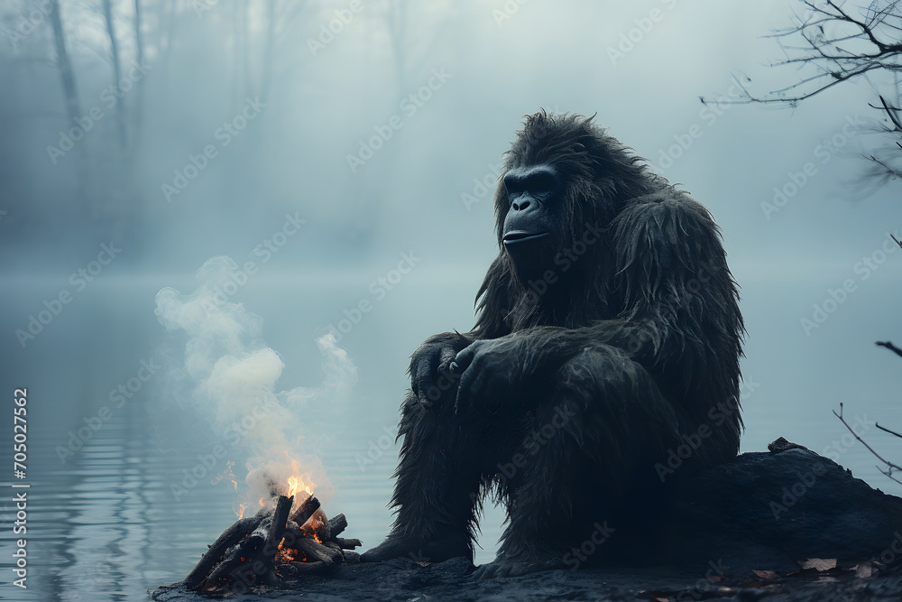 Sasquatch sits by a campfire on the shore of a lake