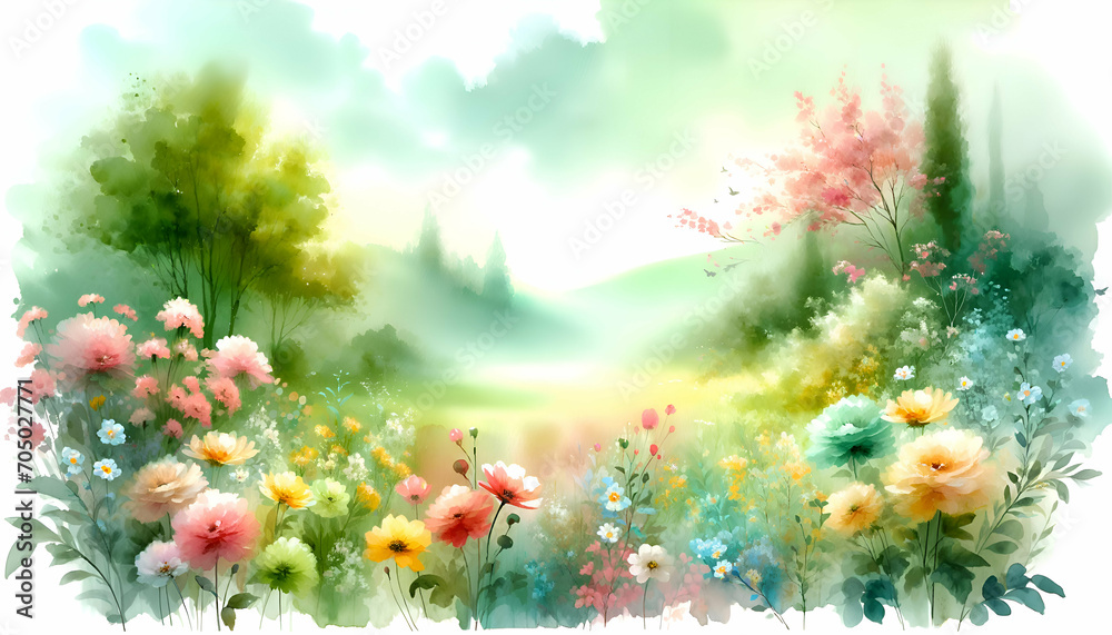 Obraz premium Creative watercolor flowers painting background for the spring season, suitable for creative wallpaper use.