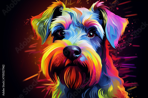 Schnauzer Puppy's Neon Dreams An Artistic Portrait with Ultra-Bright Rainbow Highlighters Lines, Infusing a Surreal and Vivid Touch. Perfect for Commercial, Editorial Advertisement