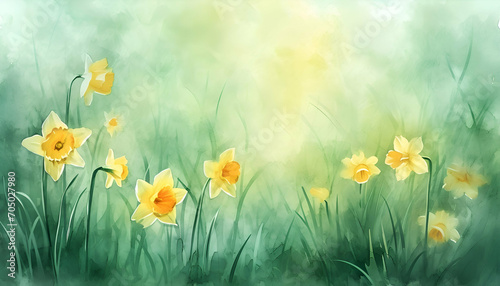 Daffodils in the garden, a creative watercolor flowers painting background for the spring season, suitable for creative wallpaper use.