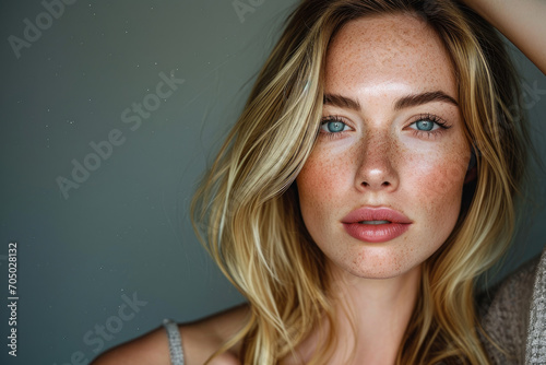 closeup of beauty natural scandinavian blonde woman with blue eyes for skincare hair salon commercial advertisement with studio light looking at camera in editorial magazine look