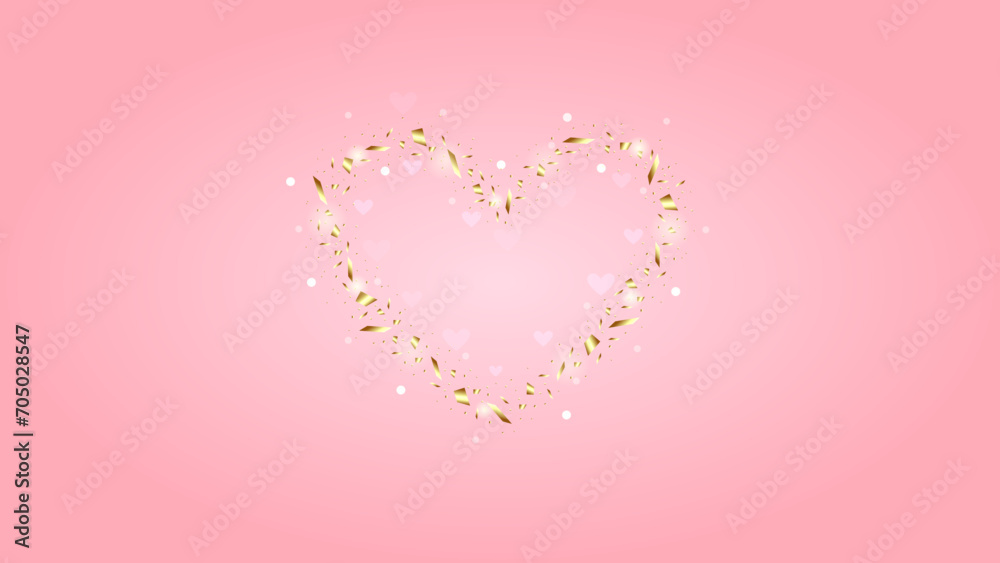 Heart frame with gold sequins and pink hearts on pink background. Valentine's day banner