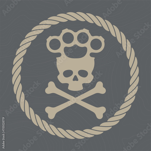 Vector a circular symbol formed by a rope and inside a skull with crossbones and a knuckle duster. White background with contour lines.