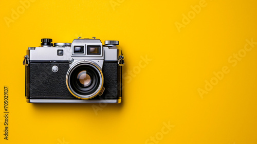 Retro Camera Close-Up on Yellow Background