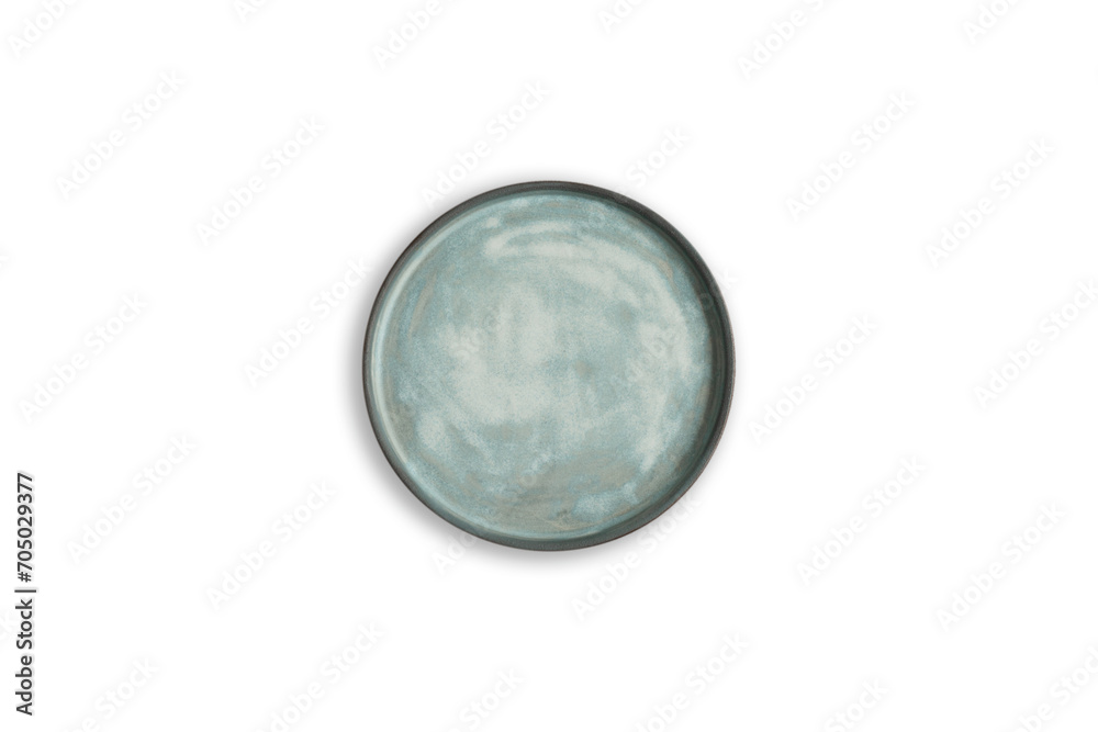 Handmade empty ceramic plate top view with copy space isolated on white background. Minimalism. Eco friendly ceramics handcraft tableware. Handmade empty ceramic plate top view with copy space isolated on white background. Minimalism. Eco friendly ceramics handcraft tableware.